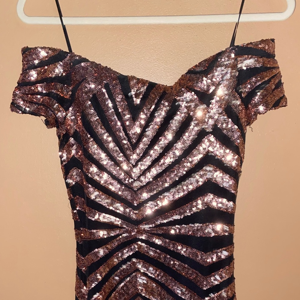 Sparkly black midi dress w/ rose gold zig zags